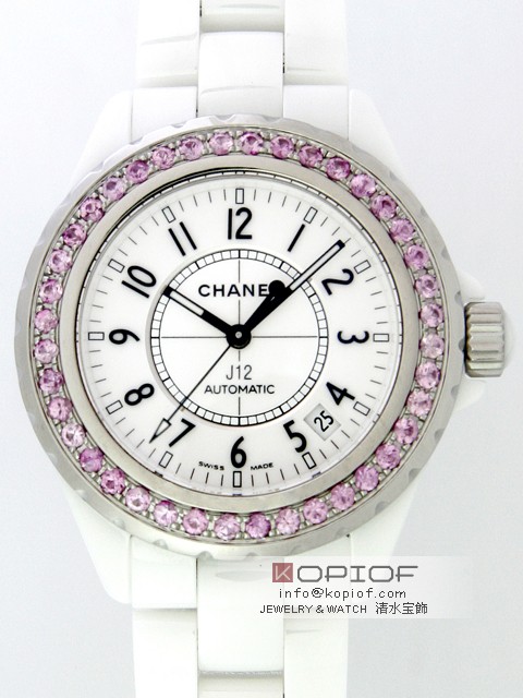 シャネルJ12  スーパーコピーシャネル J12 H0970 38mm ホワイトセラミックブレス ベゼルピンクサファイヤ（合成）アフター ホワイト