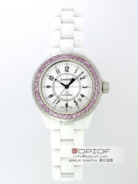 シャネルJ12  スーパーコピーシャネル J12 H0970 38mm ホワイトセラミックブレス ベゼルピンクサファイヤ（合成）アフター ホワイト