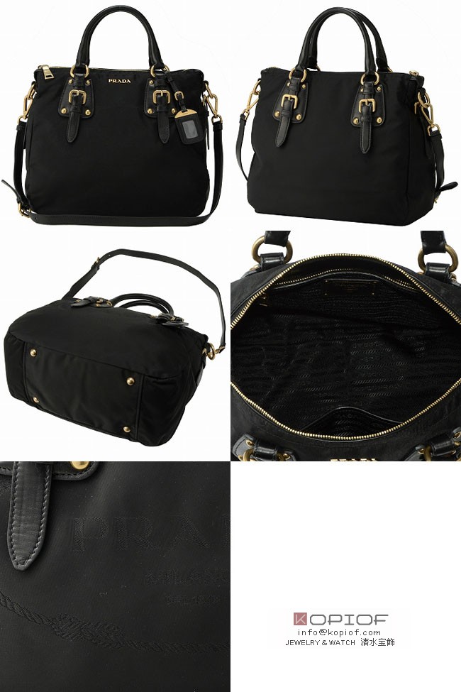 プラダ ナイロン コピーストラップ付きハンドバッグ BN1983 NYLON JACQUARD+NAPPA NERO