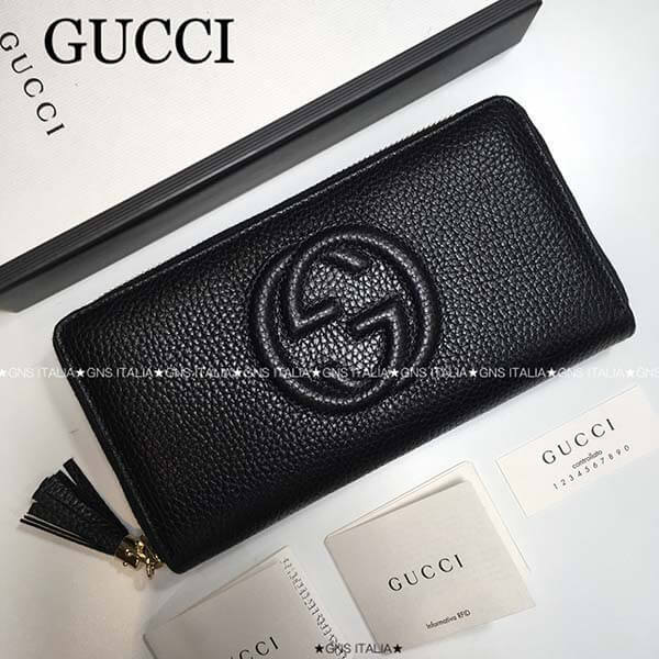GUCCI☆SOHOフリンジタッセル付 偽物♪レザーラウンドジップ長財布