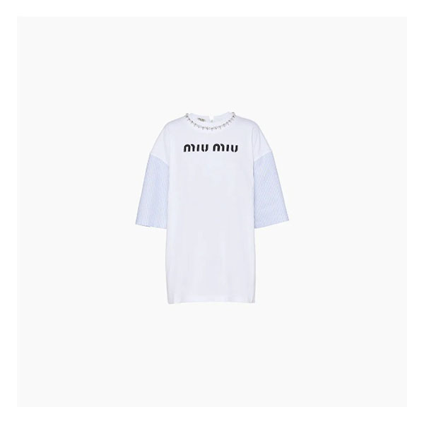 ★ミュウミュウ 偽物★クリスタルオーバーサイズコットンTシャツMJN352_1V6F_F0009