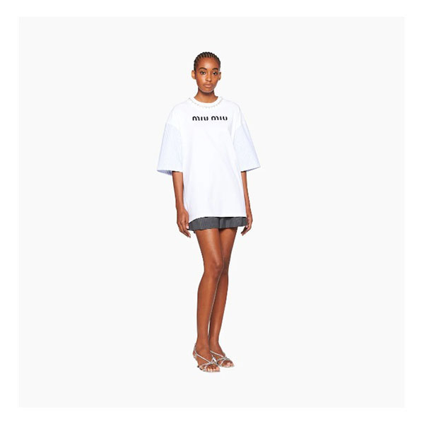 ★ミュウミュウ 偽物★クリスタルオーバーサイズコットンTシャツMJN352_1V6F_F0009